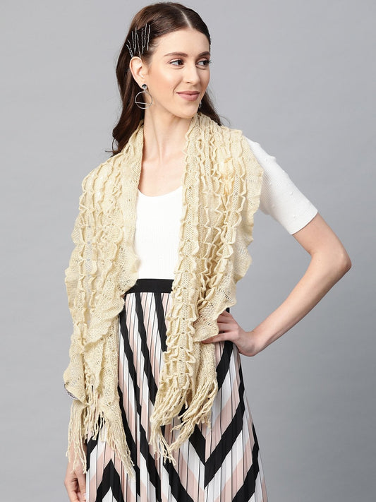 Women's Beige Crochet Poly Wool Stole