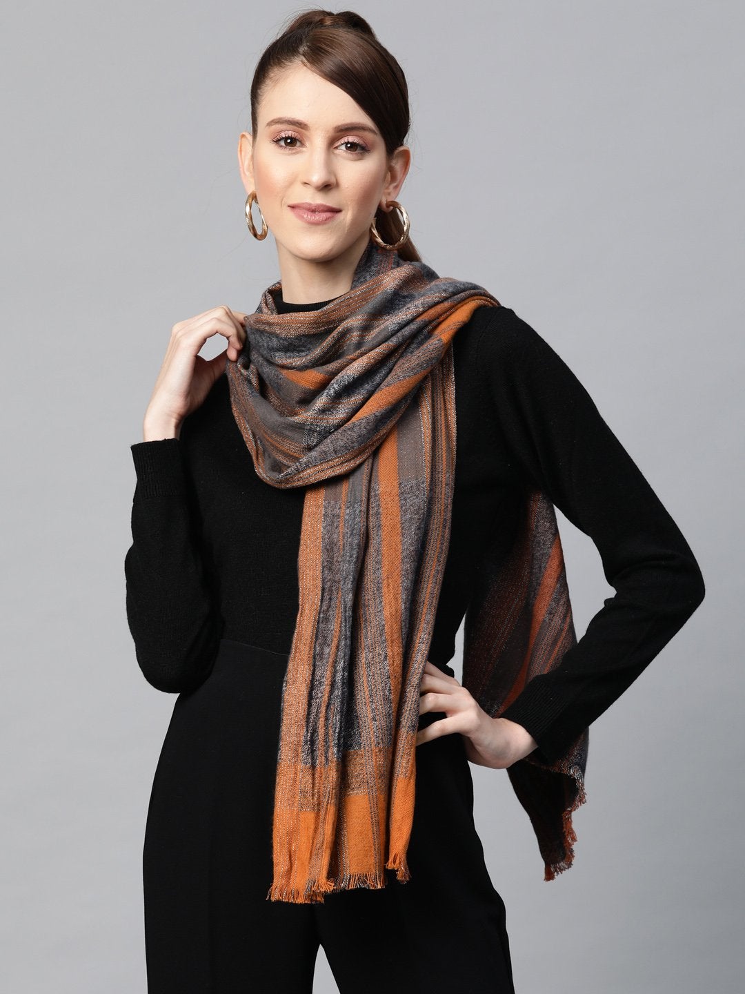 Women's Orange & Navy Stripes Poly Wool Stole