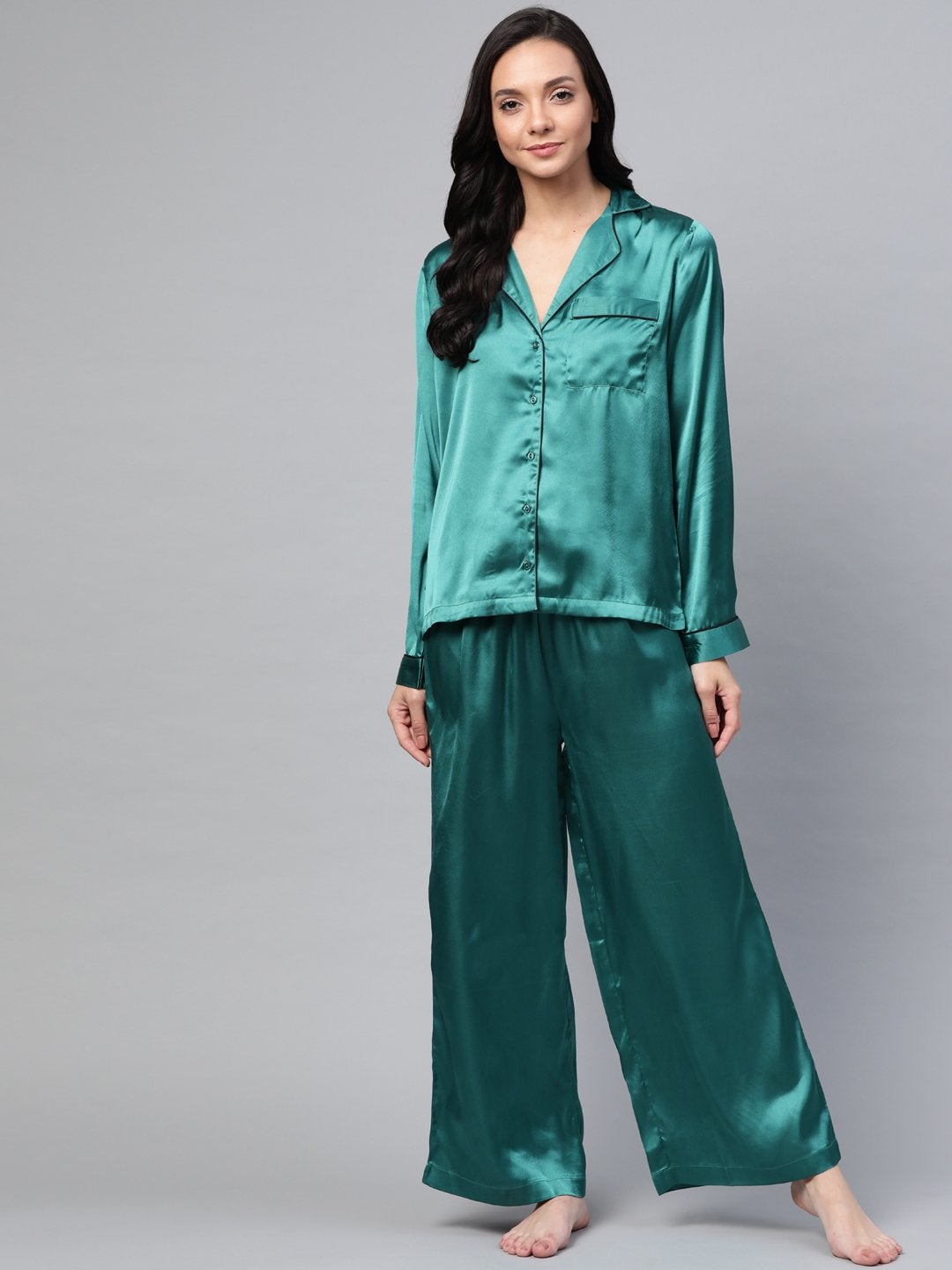Women's Green Satin Night Suit