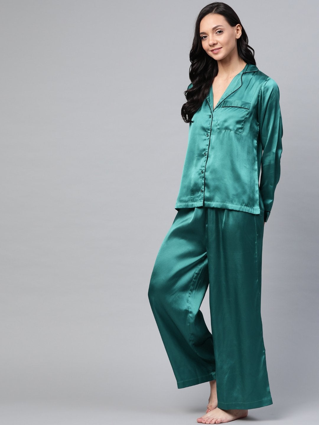 Women's Green Satin Night Suit