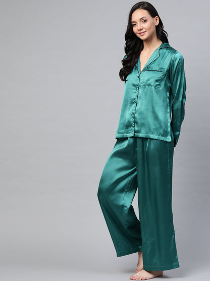 Women's Green Satin Night Suit
