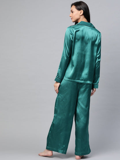 Women's Green Satin Night Suit