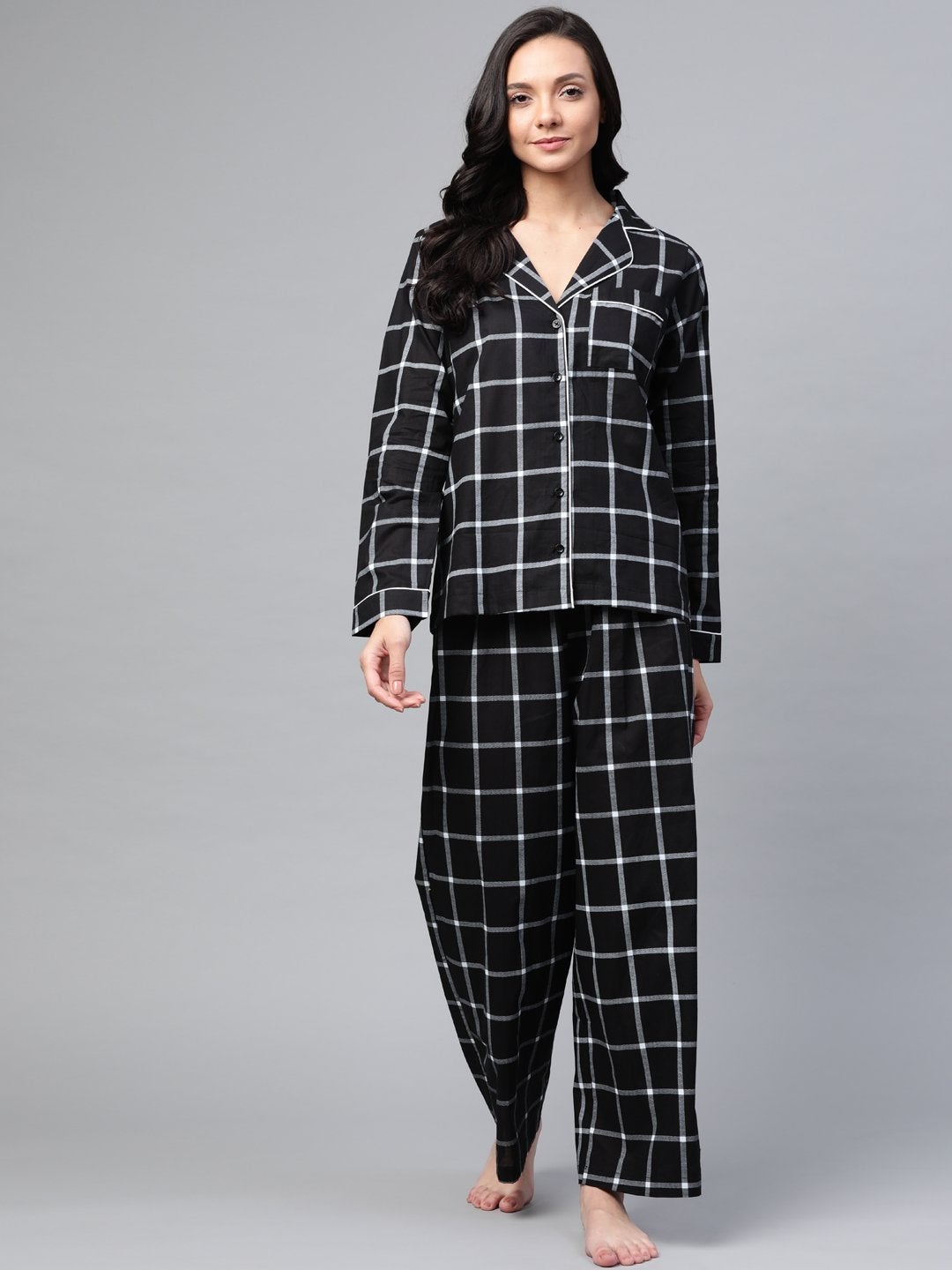 Women's Black Check Night Suit