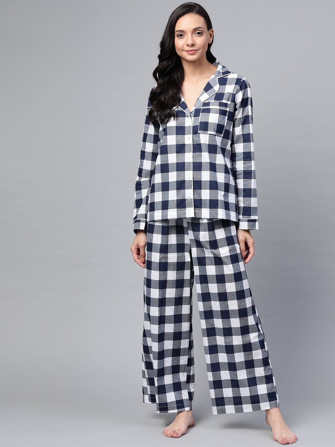 Women's Navy Check Night Suit