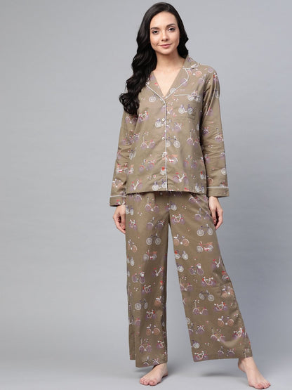 Women's Taupe Cycle Print Night Suit