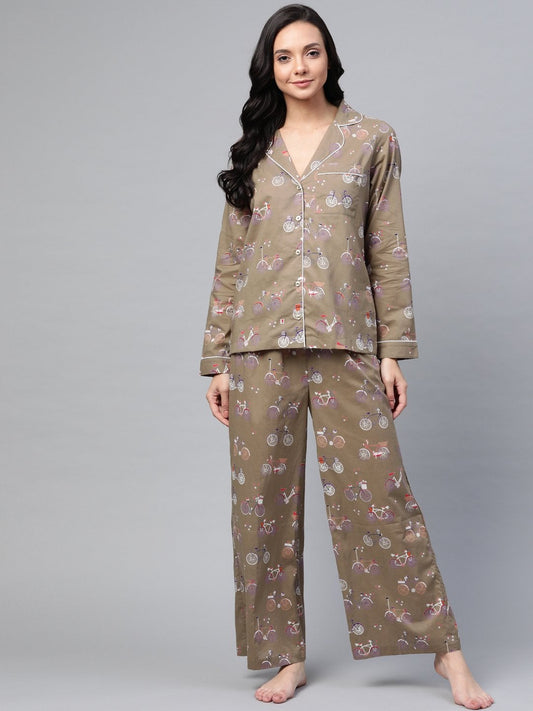 Women's Taupe Cycle Print Night Suit