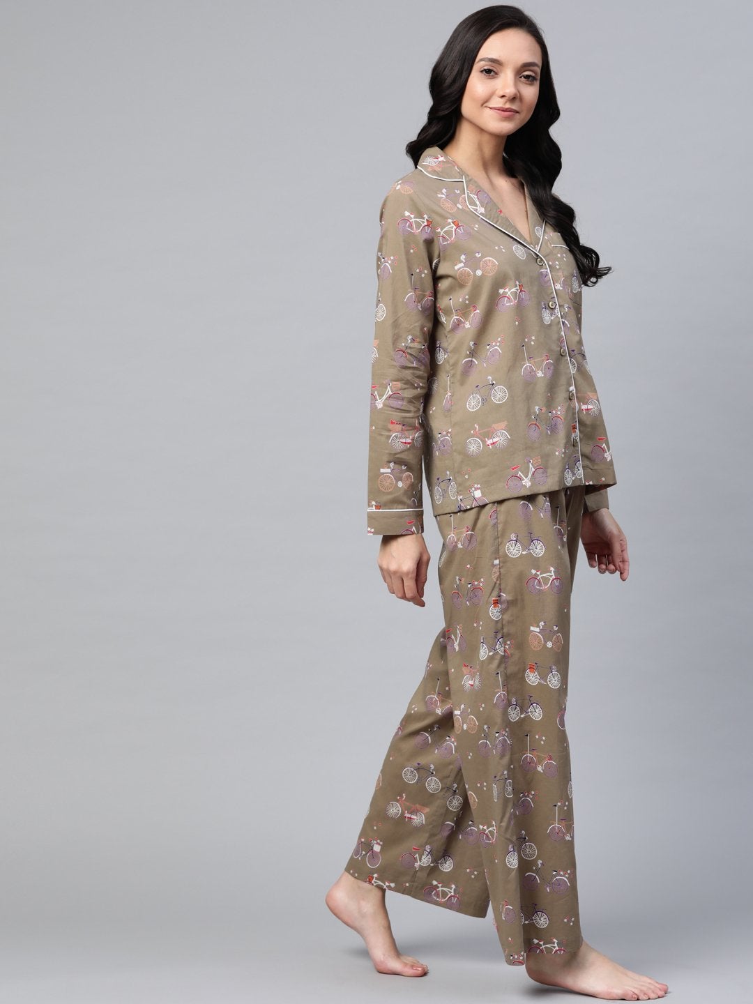 Women's Taupe Cycle Print Night Suit