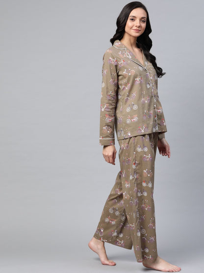 Women's Taupe Cycle Print Night Suit