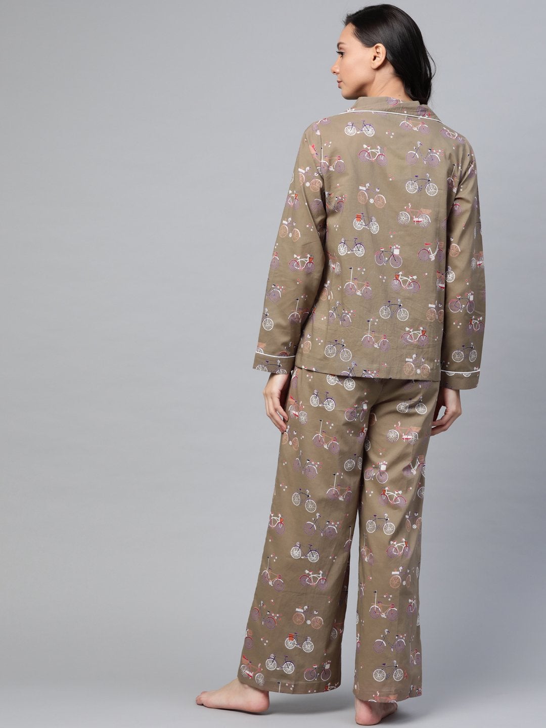 Women's Taupe Cycle Print Night Suit