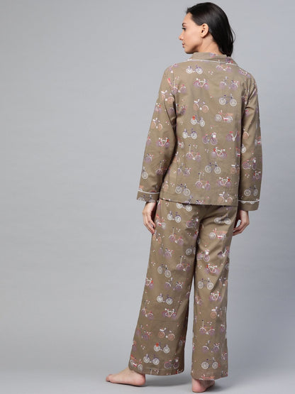 Women's Taupe Cycle Print Night Suit
