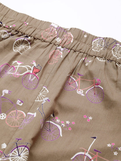 Women's Taupe Cycle Print Night Suit