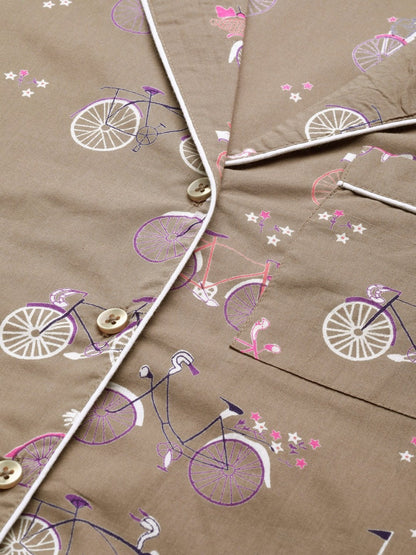 Women's Taupe Cycle Print Night Suit