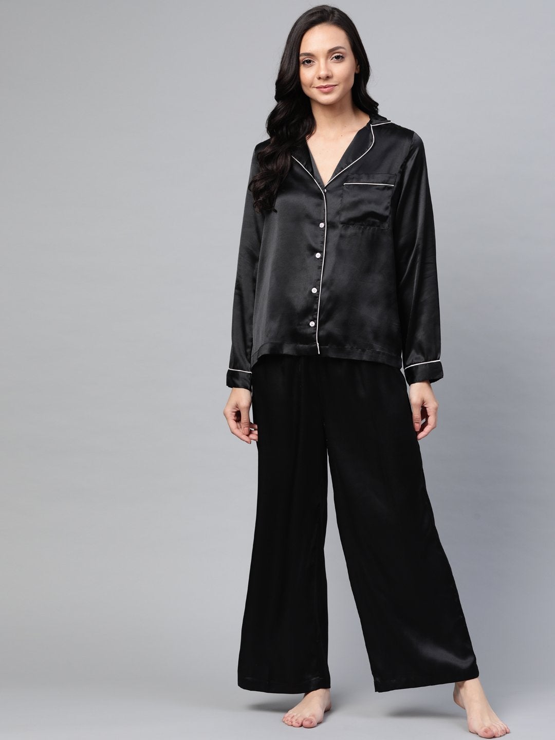 Women's Black Satin Night Suit