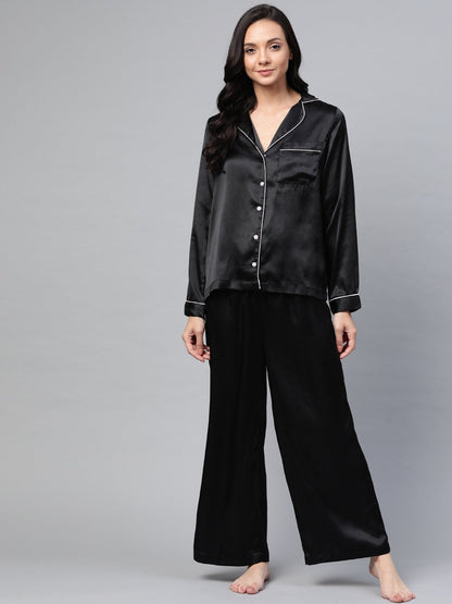 Women's Black Satin Night Suit