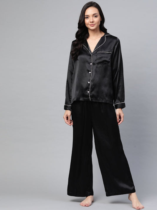 Women's Black Satin Night Suit
