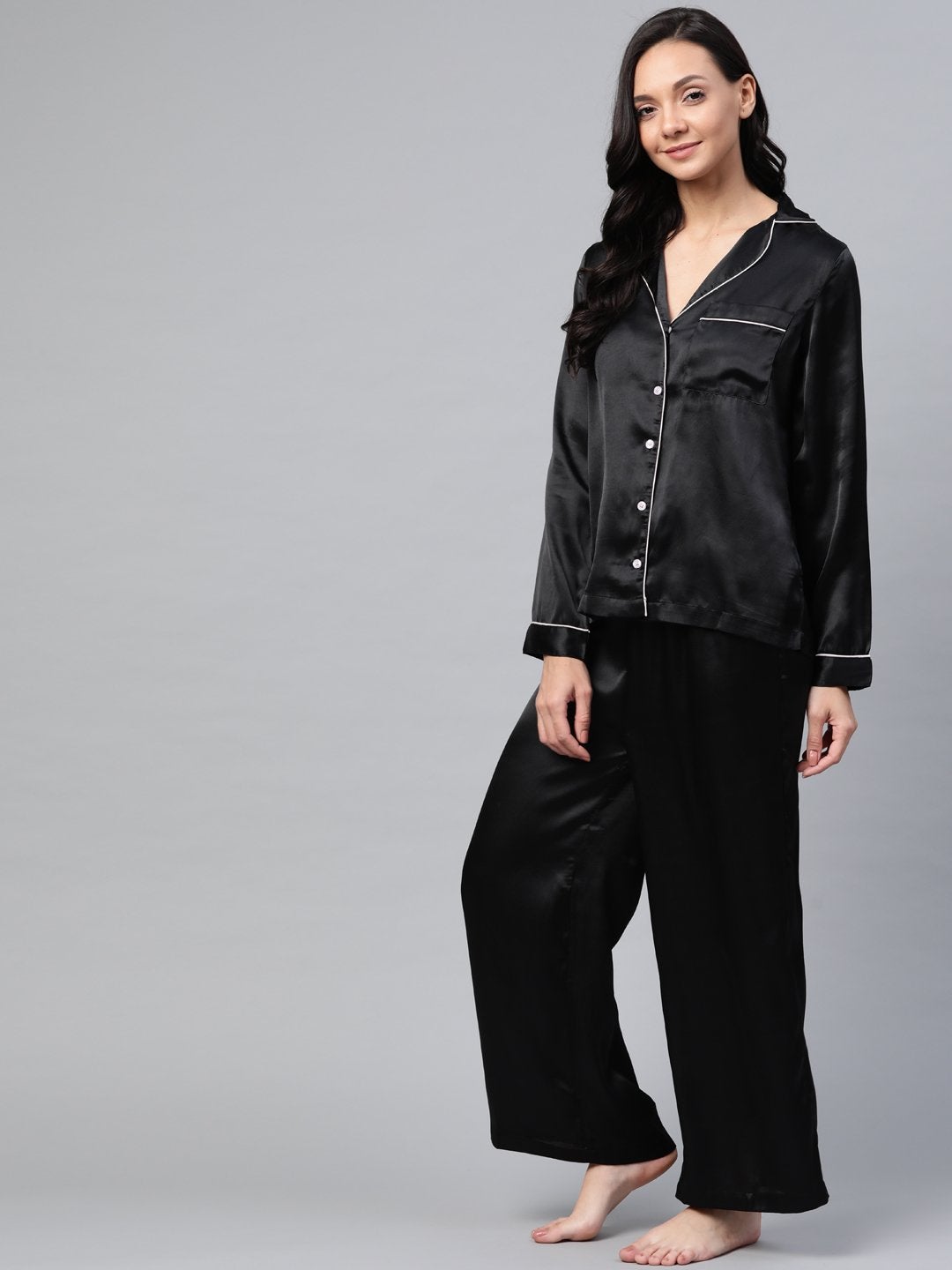 Women's Black Satin Night Suit