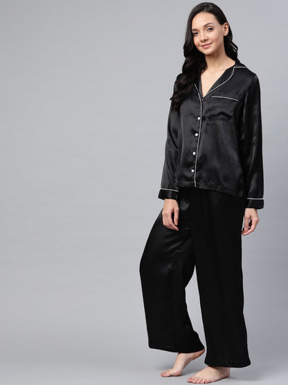 Women's Black Satin Night Suit