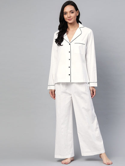 Women's Off-White Cotton Night Suit