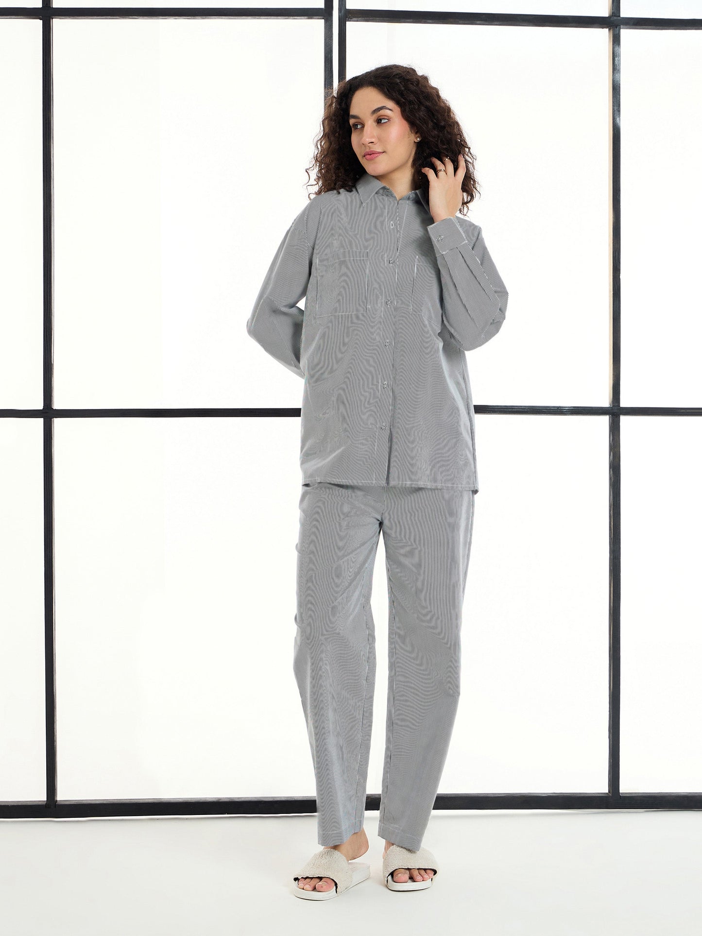 Women's Black Striped Night Suit
