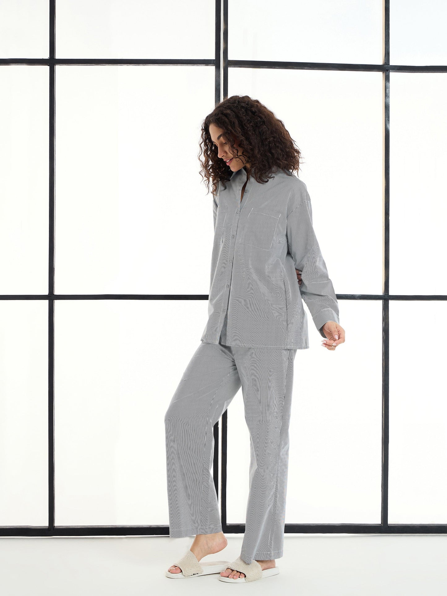 Women's Black Striped Night Suit