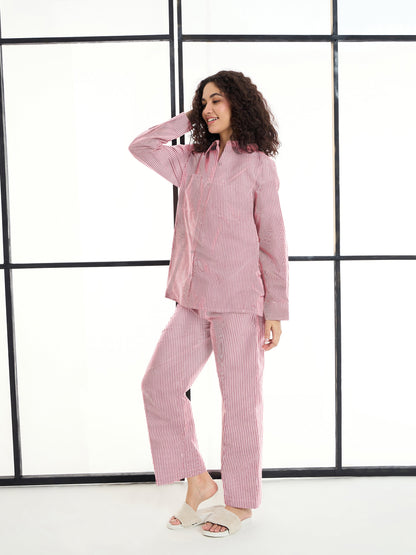 Women's Maroon Striped Night Suit