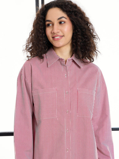 Women's Maroon Striped Night Suit