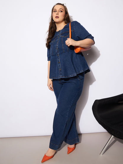 Women's Navy Denim Studded Peplum Top With Jea