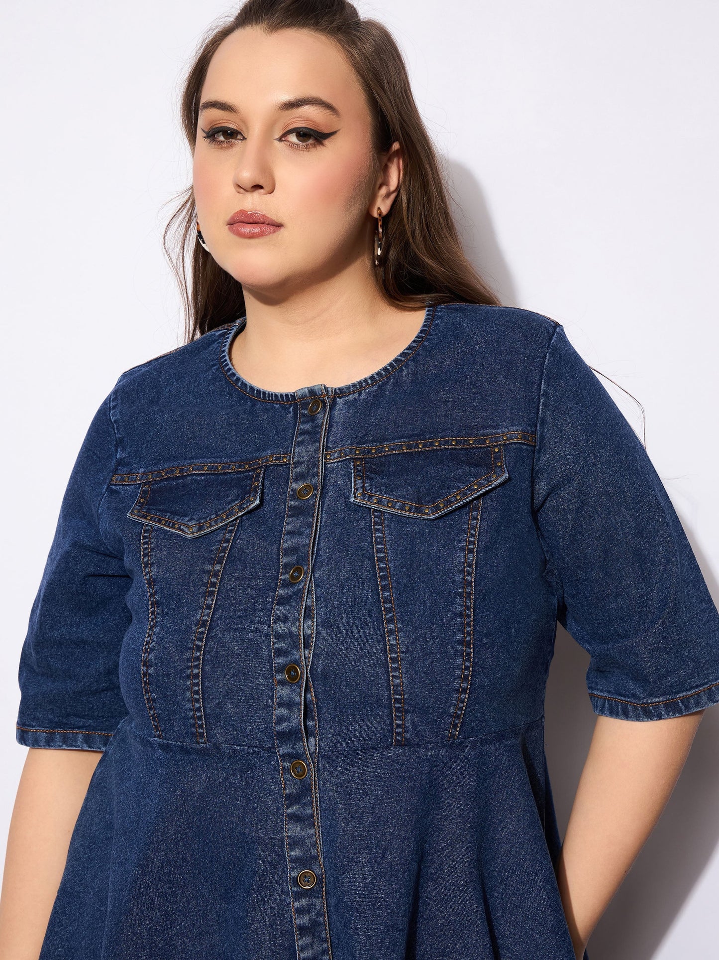 Women's Navy Denim Studded Peplum Top With Jea