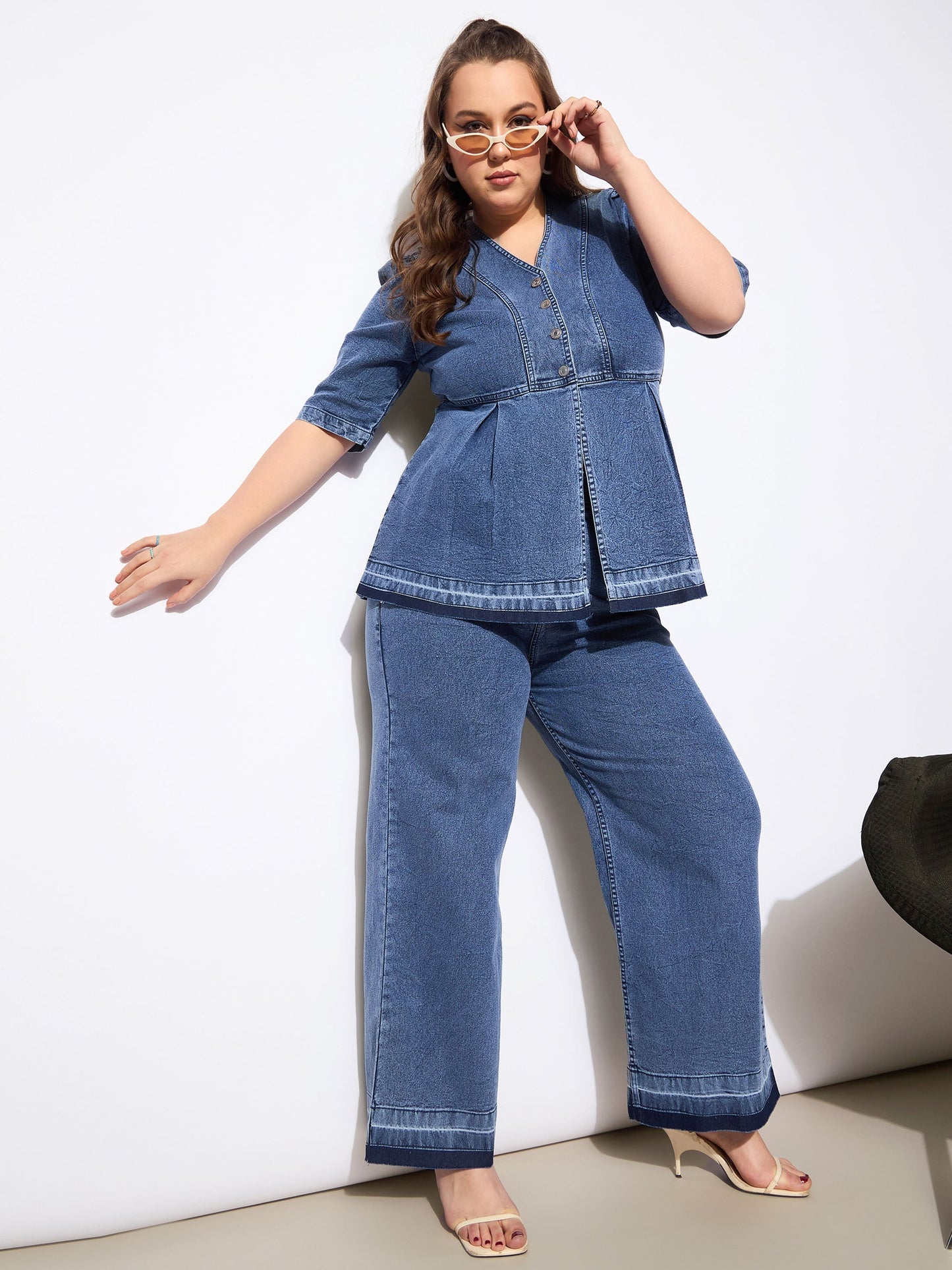 Women's Blue Denim Metal Button Peplum Top With Jea