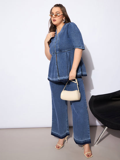 Women's Blue Denim Metal Button Peplum Top With Jea