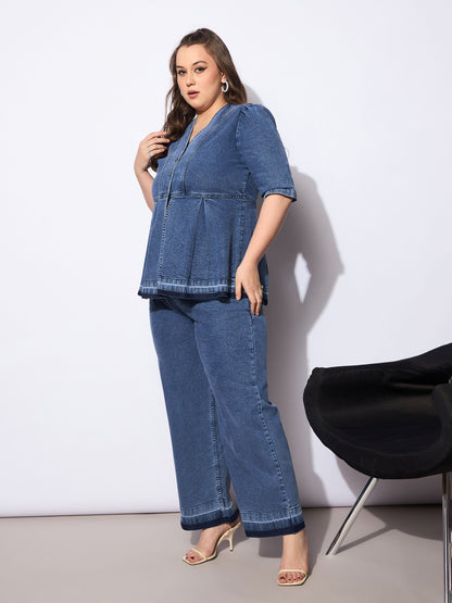 Women's Blue Denim Metal Button Peplum Top With Jea
