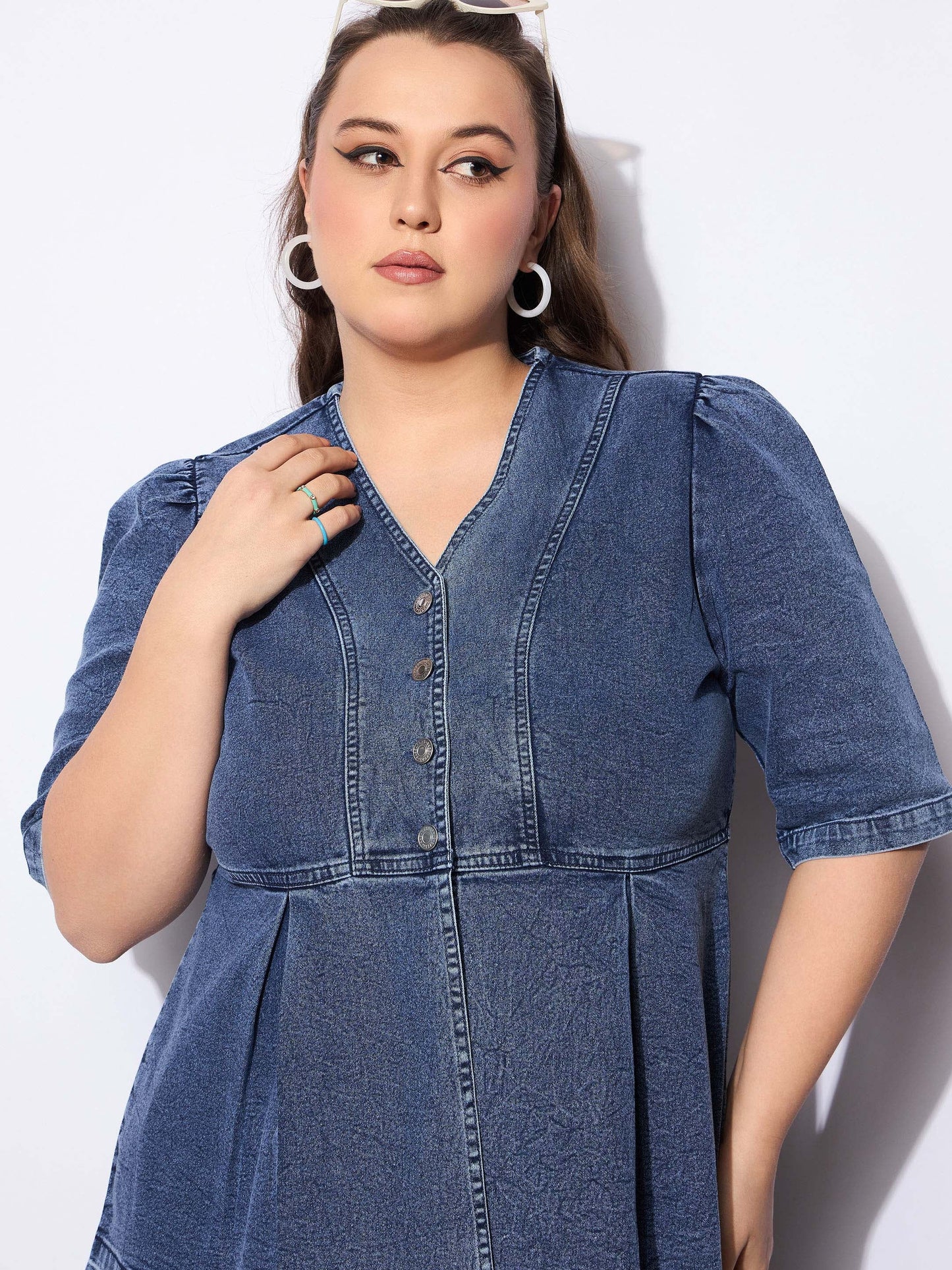 Women's Blue Denim Metal Button Peplum Top With Jea