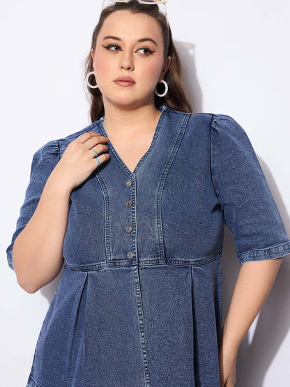 Women's Blue Denim Metal Button Peplum Top With Jea