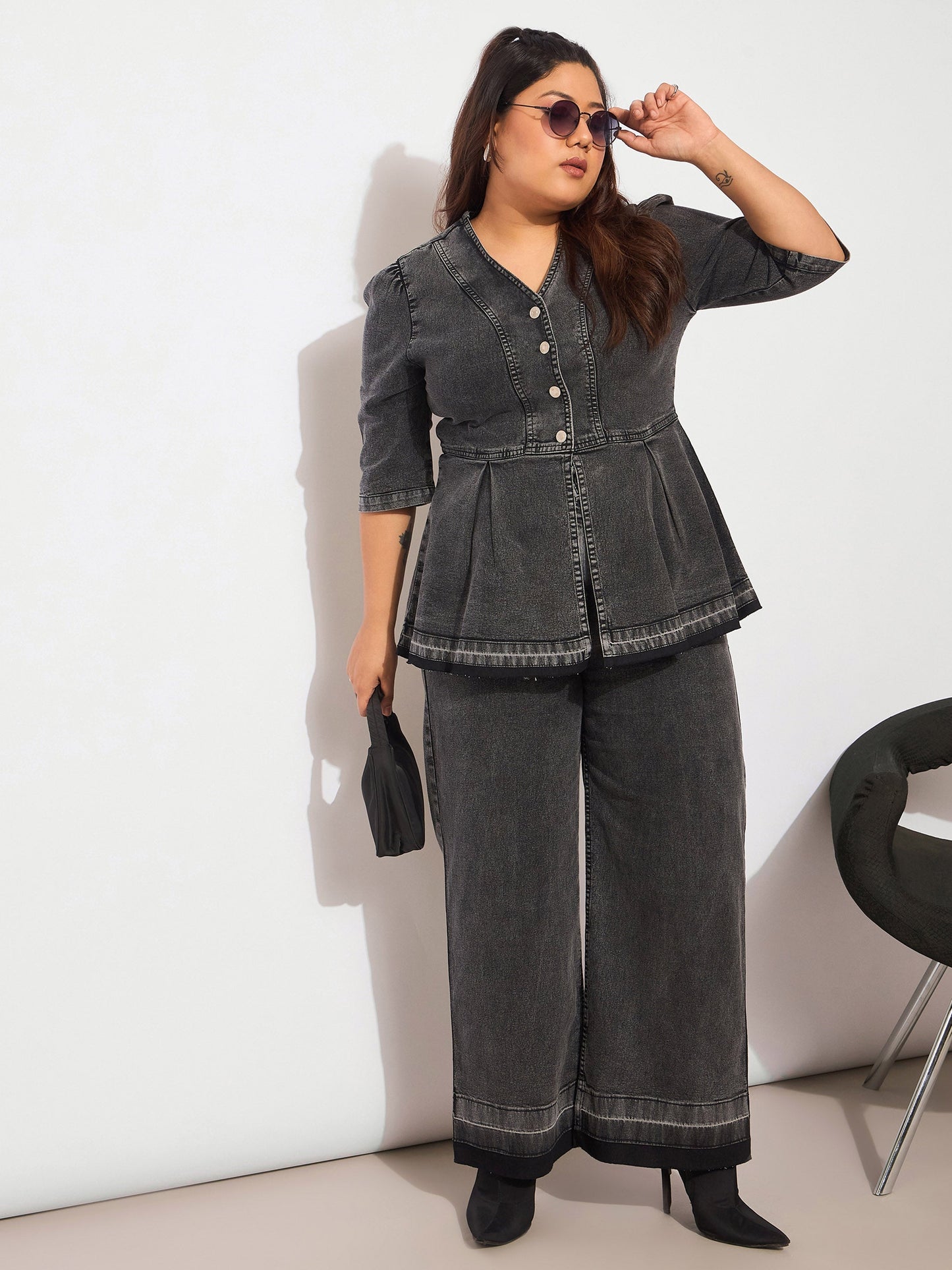 Women's Black Denim Metal Button Peplum Top With Jea