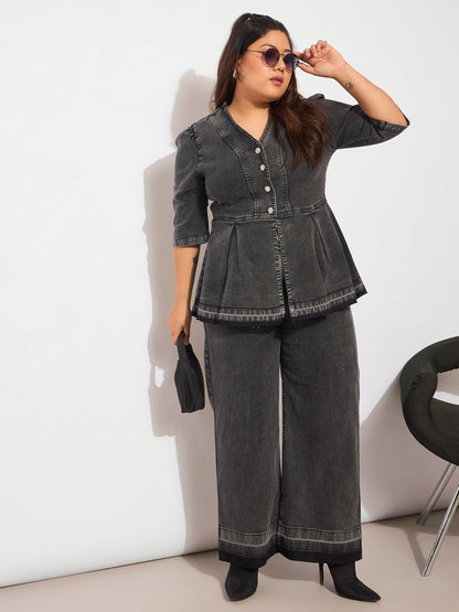 Women's Black Denim Metal Button Peplum Top With Jea