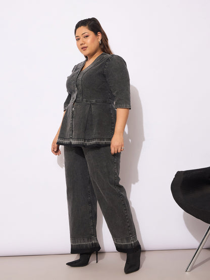 Women's Black Denim Metal Button Peplum Top With Jea