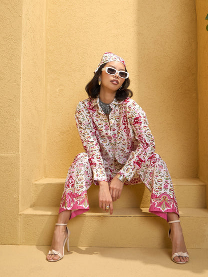 Women's Pink & White Floral Shirt With Pan