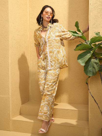 Women's Yellow Cambric Floral Shirt With Pan