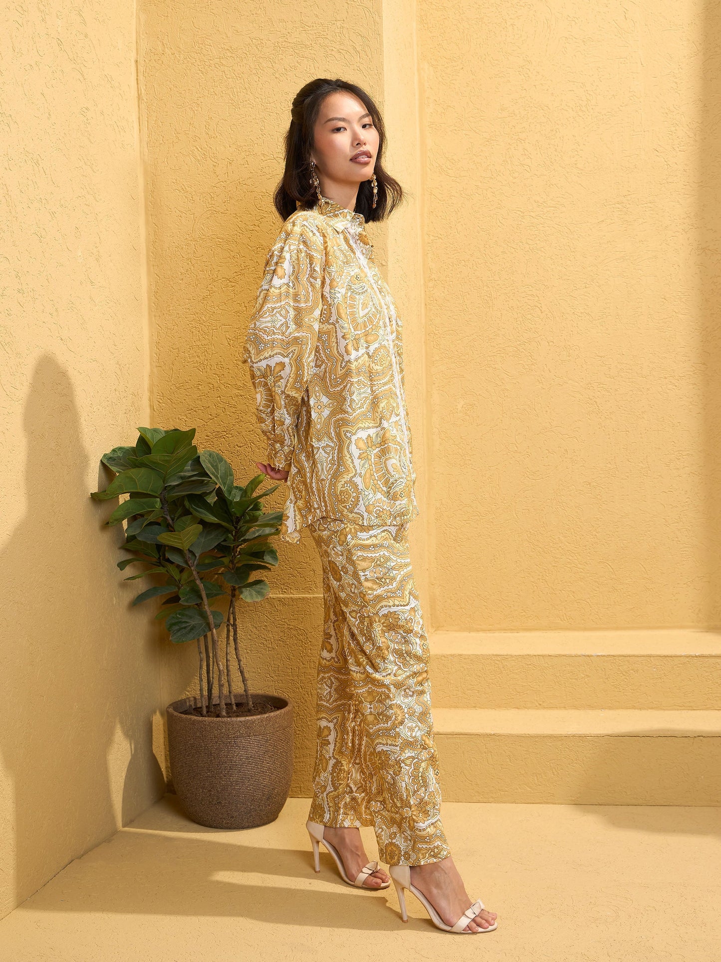 Women's Yellow Cambric Floral Shirt With Pan