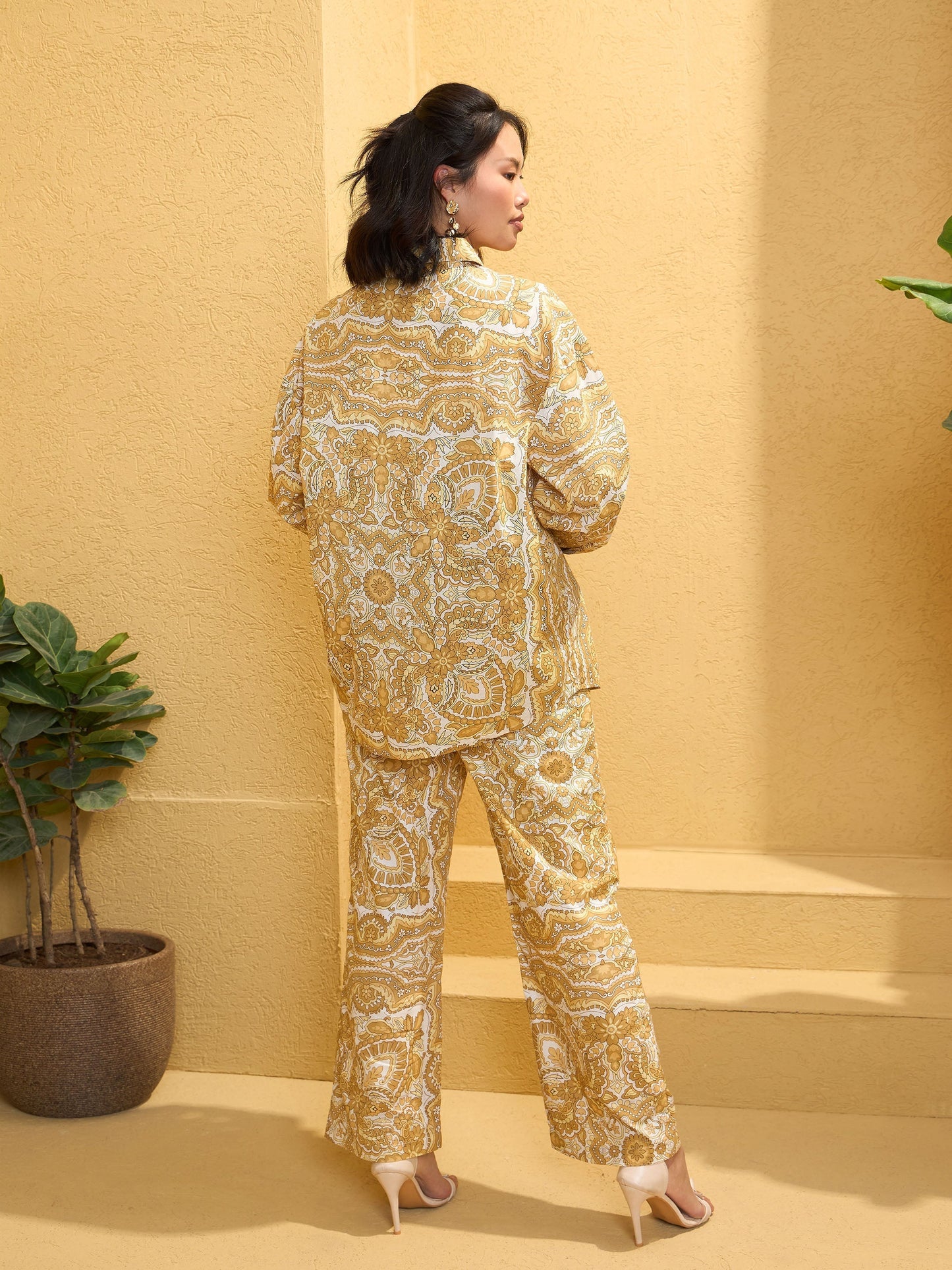 Women's Yellow Cambric Floral Shirt With Pan