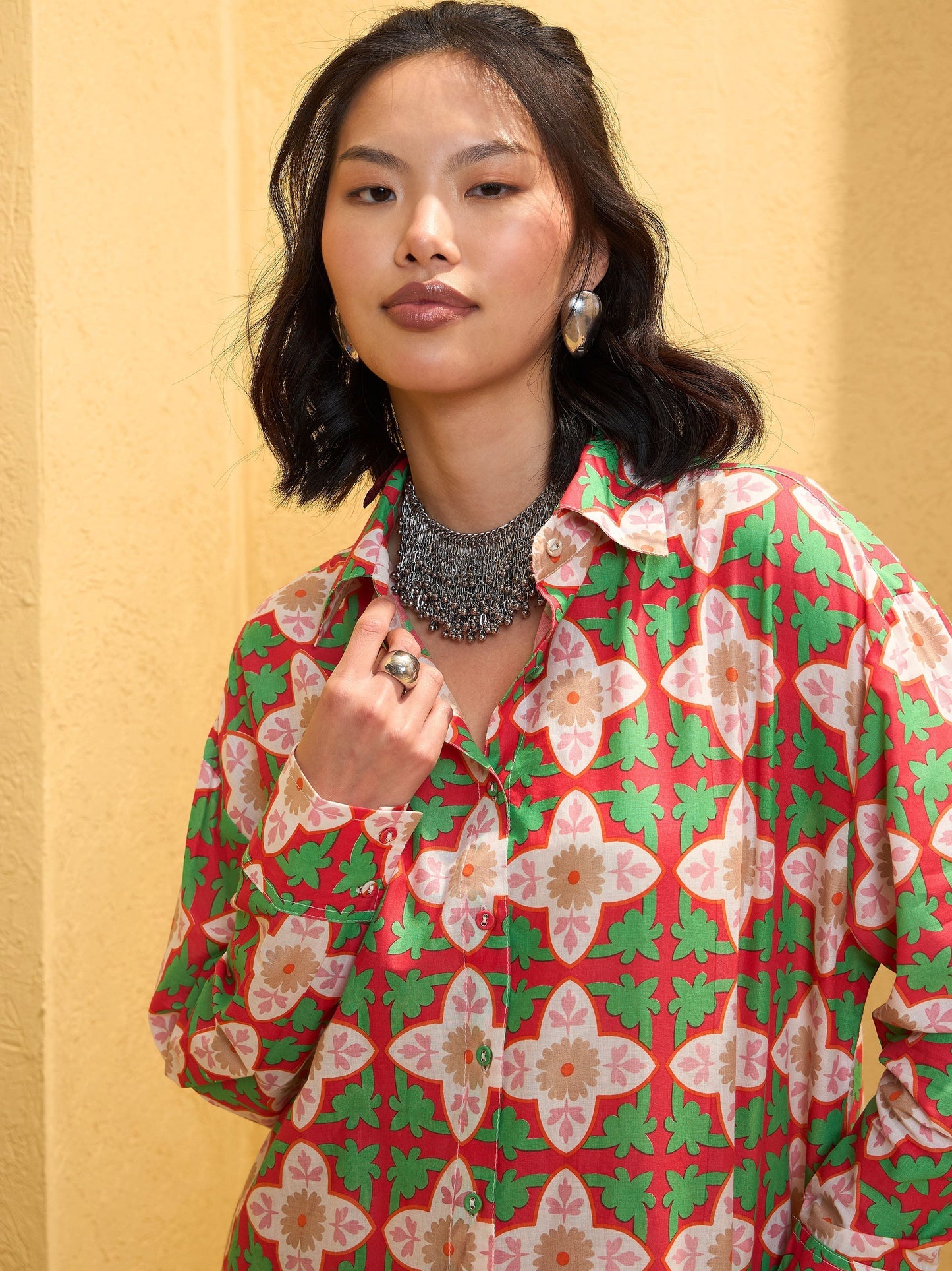 Women's Red Cambric Floral Shirt With Pan