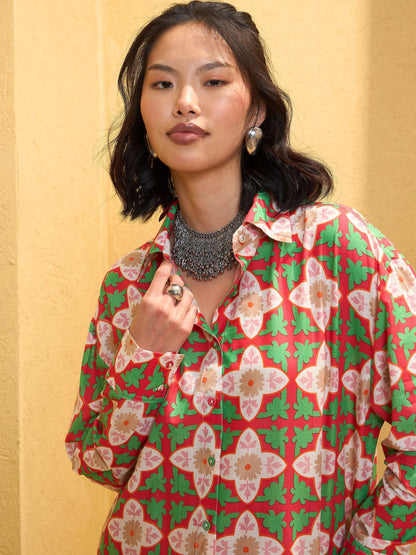 Women's Red Cambric Floral Shirt With Pan