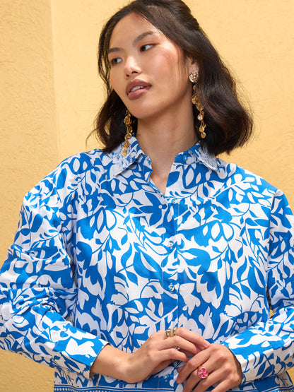 Women's Blue & White Poplin Floral Shirt With Pan