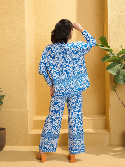 Women's Blue & White Poplin Floral Shirt With Pan
