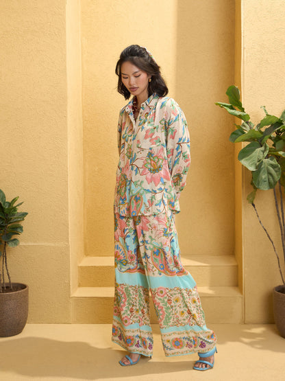 Women's Beige Floral Border Print Shirt With Pan
