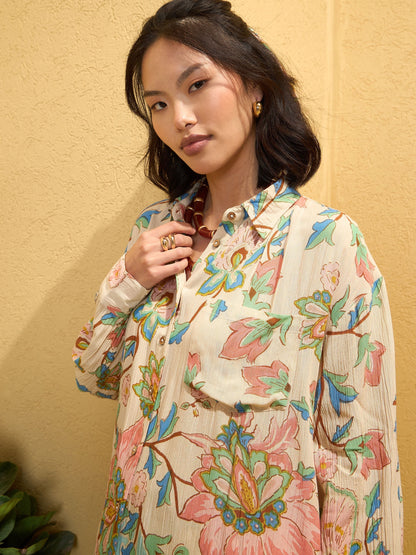 Women's Beige Floral Border Print Shirt With Pan