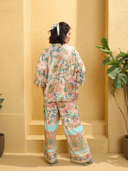 Women's Beige Floral Border Print Shirt With Pan