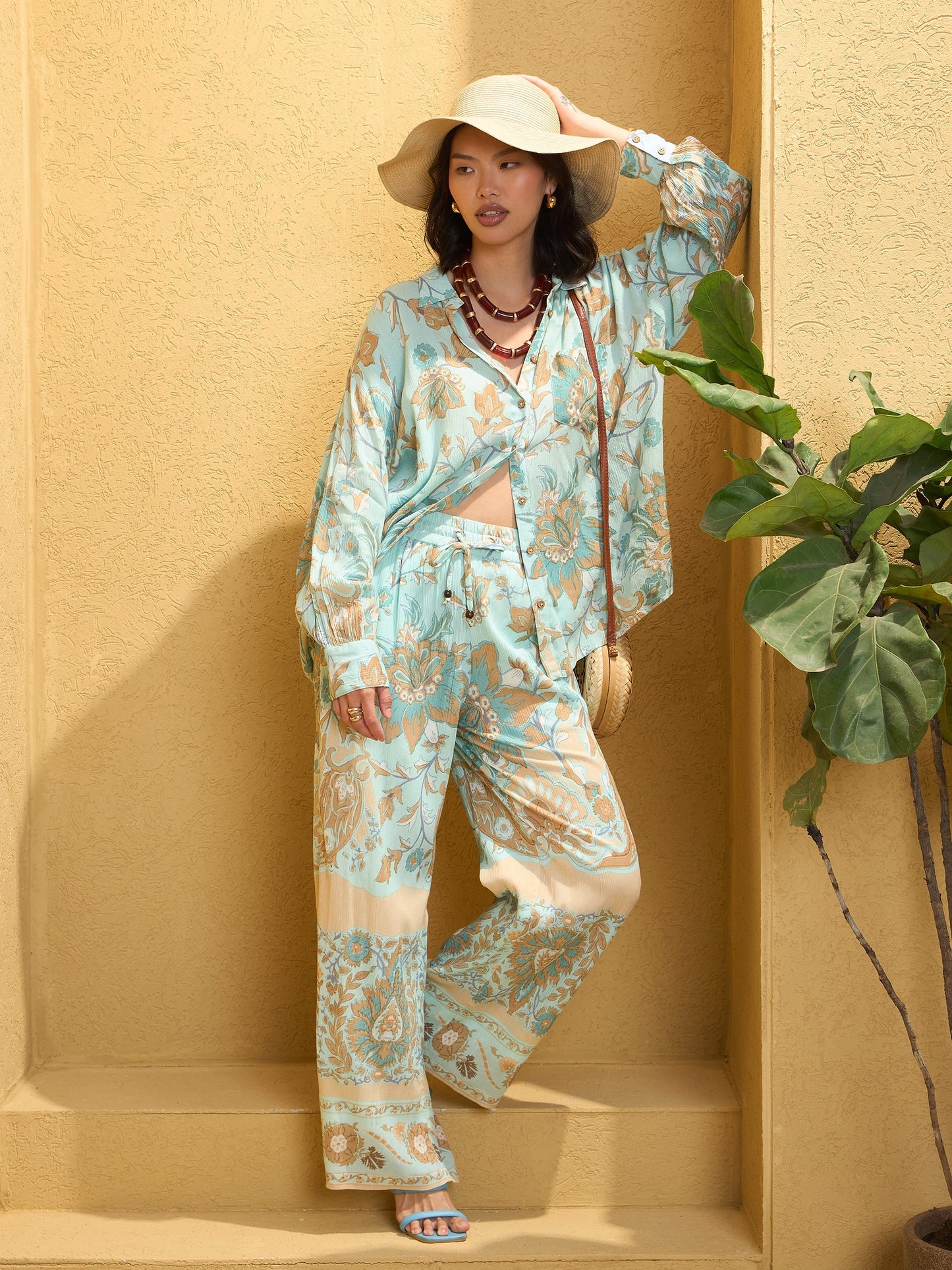 Women's Turquoise Blue Floral Shirt With Pan