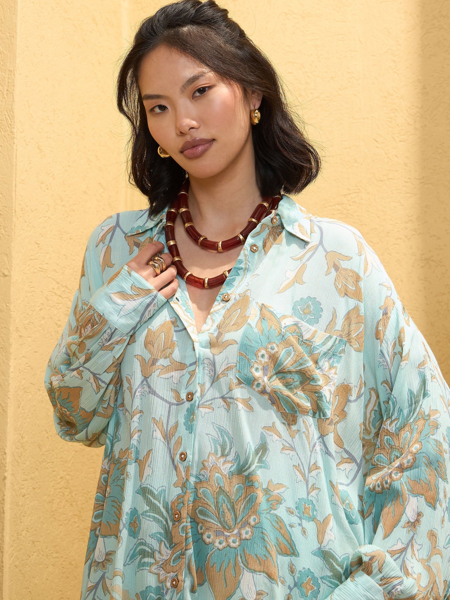 Women's Turquoise Blue Floral Shirt With Pan