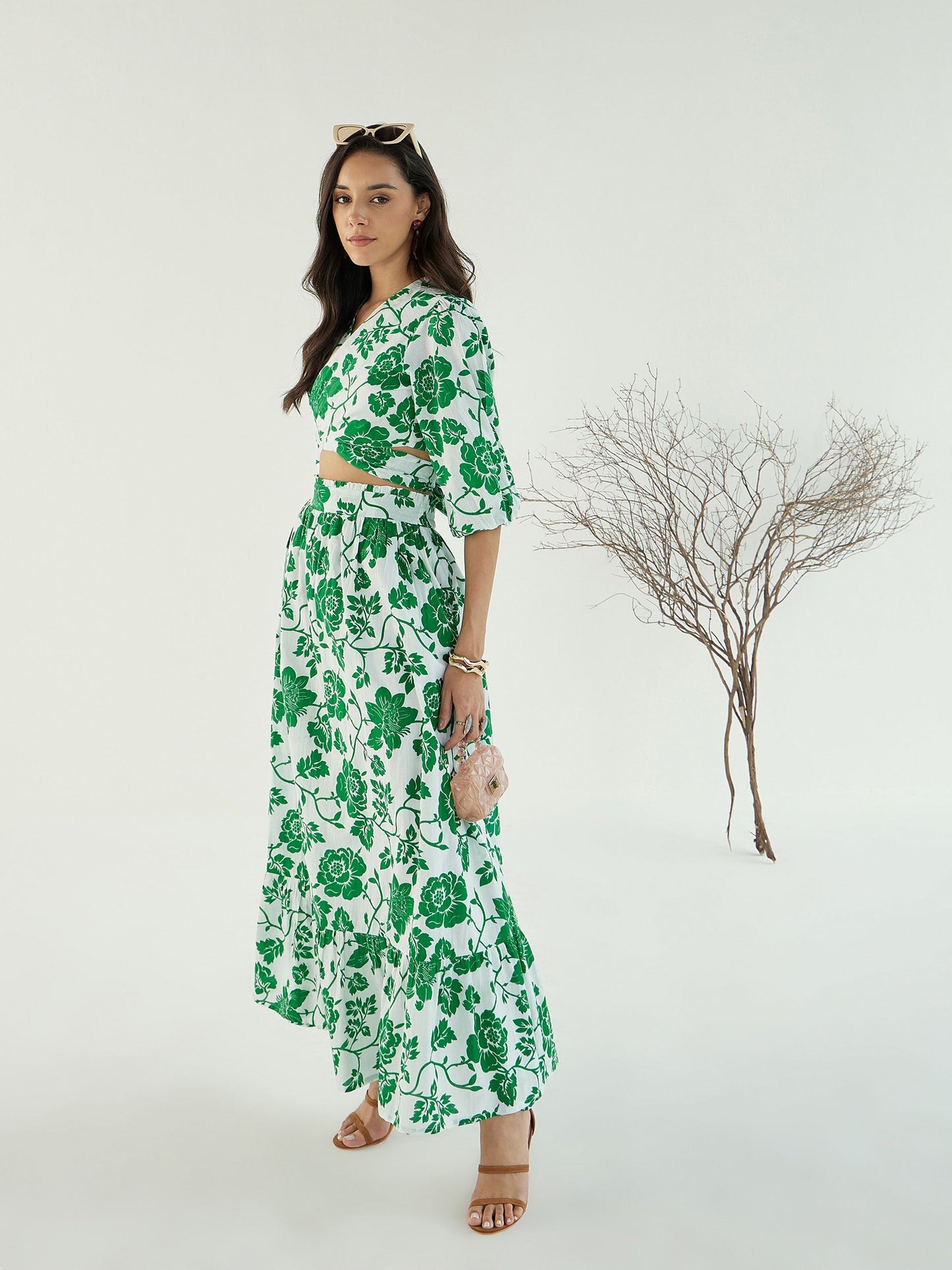 Women's White & Green Floral Wrap Neck Top With Ski